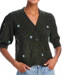 Rails Women's Dark Green/ Gray Cardigan Sweater with Crocheted Daisies